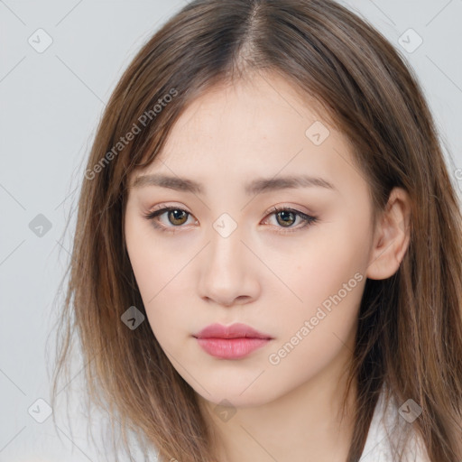 Neutral white young-adult female with long  brown hair and brown eyes