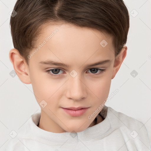 Joyful white child female with short  brown hair and brown eyes