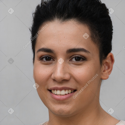 Joyful white young-adult female with short  brown hair and brown eyes