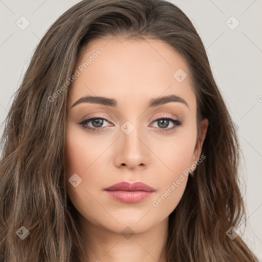 Neutral white young-adult female with long  brown hair and brown eyes