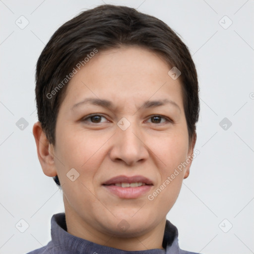 Joyful white adult female with short  brown hair and brown eyes