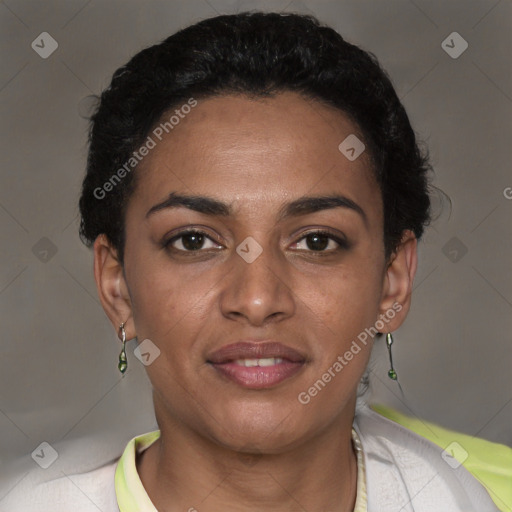 Joyful latino young-adult female with short  brown hair and brown eyes