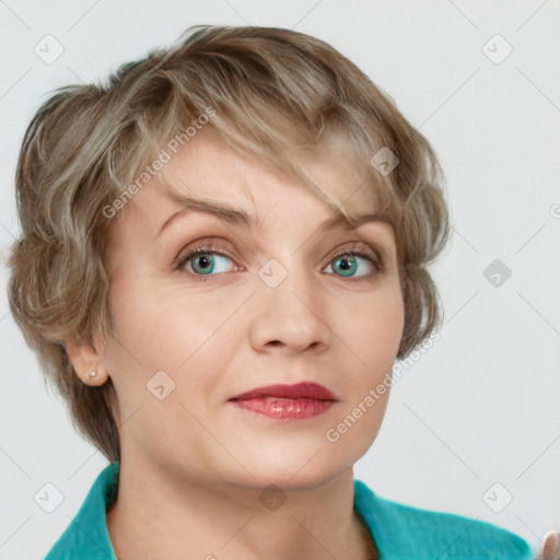 Joyful white young-adult female with medium  brown hair and blue eyes