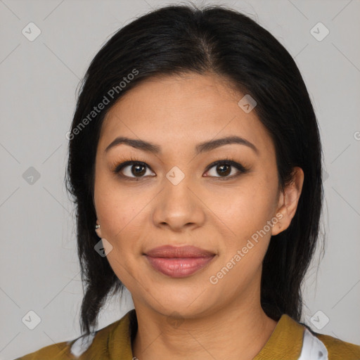 Joyful latino young-adult female with medium  black hair and brown eyes