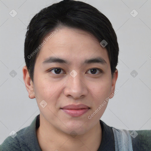 Joyful asian young-adult male with short  black hair and brown eyes