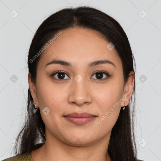 Joyful white young-adult female with long  brown hair and brown eyes