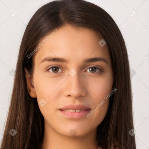 Neutral white young-adult female with long  brown hair and brown eyes