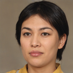 Neutral asian young-adult female with medium  brown hair and brown eyes