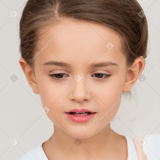 Joyful white child female with medium  brown hair and brown eyes