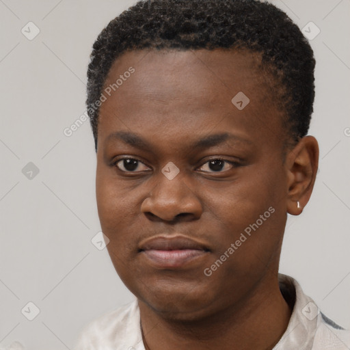Neutral black young-adult female with short  black hair and brown eyes