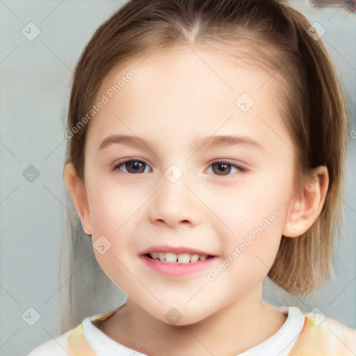 Joyful white child female with medium  brown hair and brown eyes