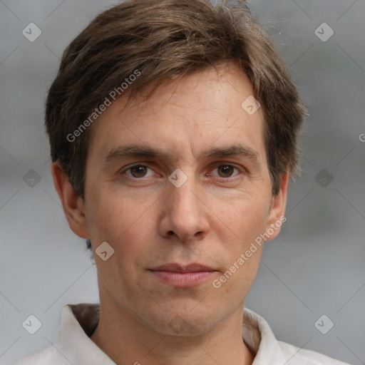 Neutral white adult male with short  brown hair and grey eyes