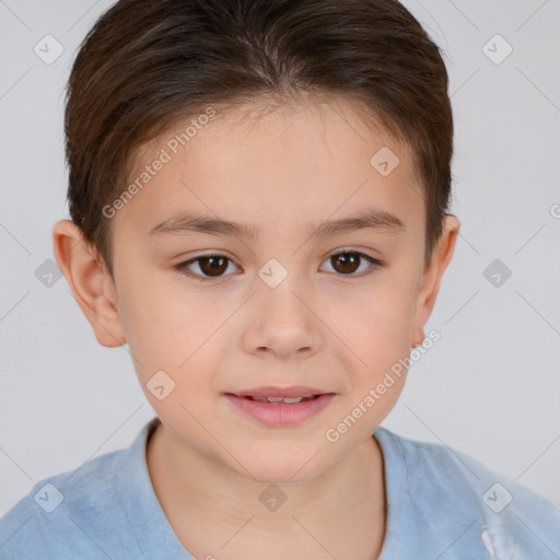 Joyful white child female with short  brown hair and brown eyes