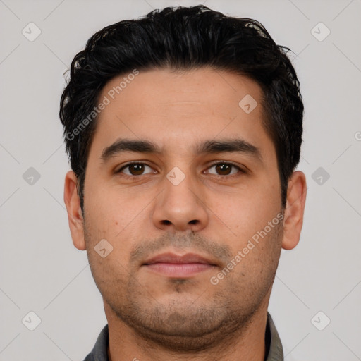 Neutral latino young-adult male with short  black hair and brown eyes