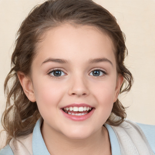 Joyful white child female with medium  brown hair and brown eyes