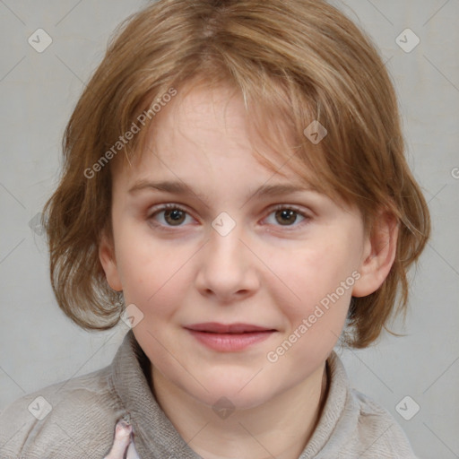 Joyful white child female with medium  brown hair and blue eyes