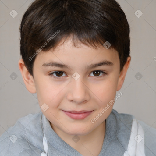 Joyful white child male with short  brown hair and brown eyes