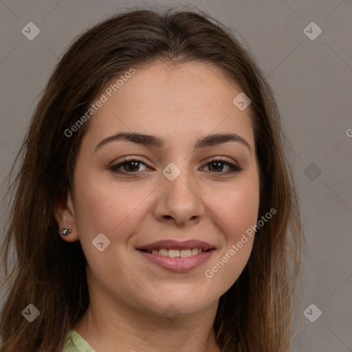 Joyful white young-adult female with long  brown hair and brown eyes