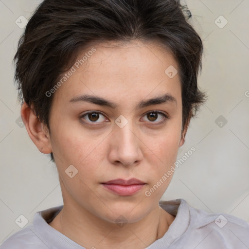 Neutral white young-adult female with short  brown hair and brown eyes