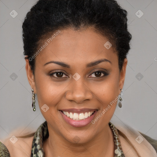 Joyful black young-adult female with short  brown hair and brown eyes