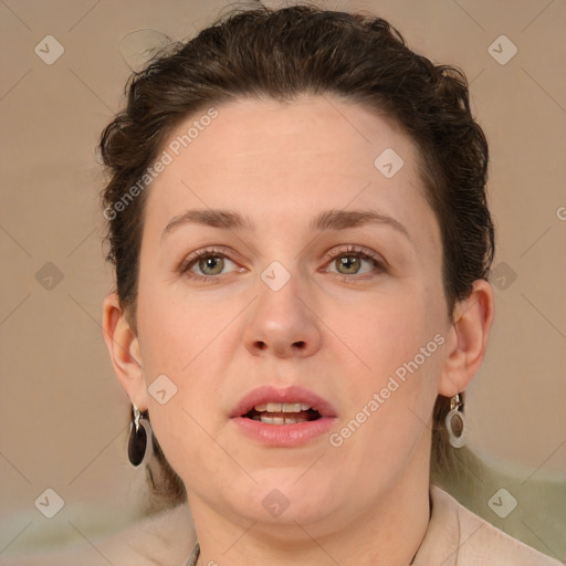 Neutral white young-adult female with short  brown hair and brown eyes