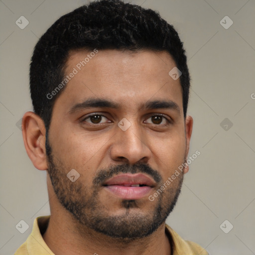 Neutral black young-adult male with short  black hair and brown eyes
