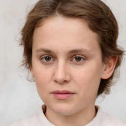 Joyful white young-adult female with medium  brown hair and green eyes