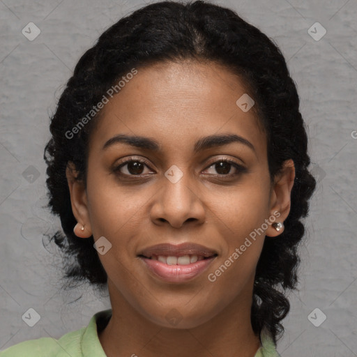 Joyful black young-adult female with medium  black hair and brown eyes