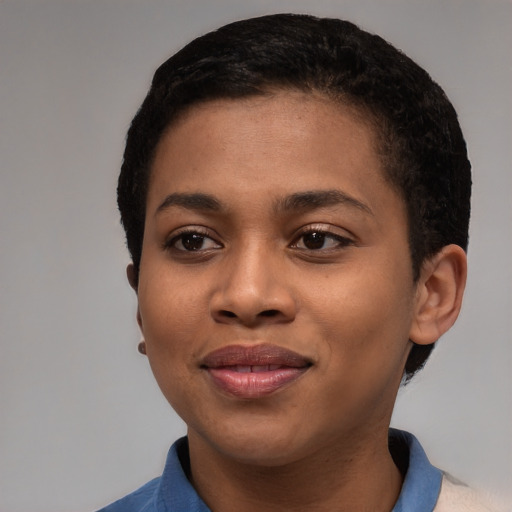 Joyful black young-adult female with short  black hair and brown eyes