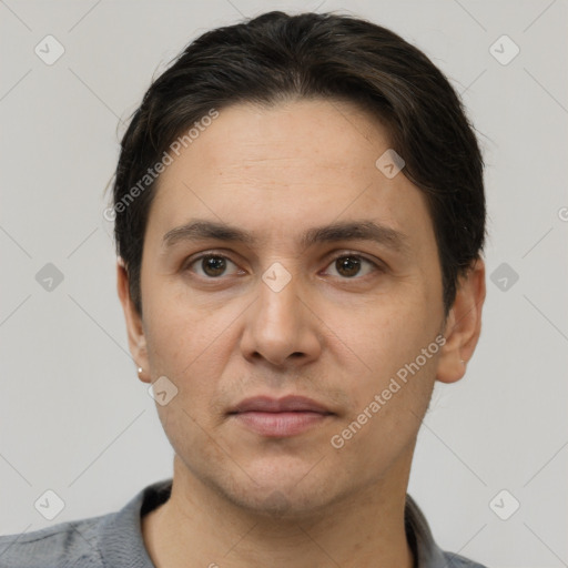 Neutral white adult male with short  brown hair and brown eyes