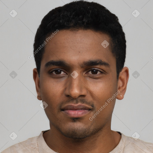 Neutral black young-adult male with short  black hair and brown eyes