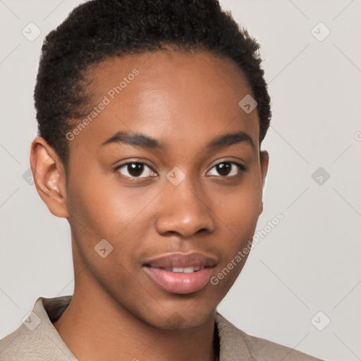 Joyful black young-adult male with short  brown hair and brown eyes