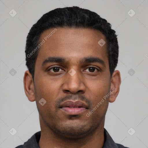 Neutral latino young-adult male with short  black hair and brown eyes