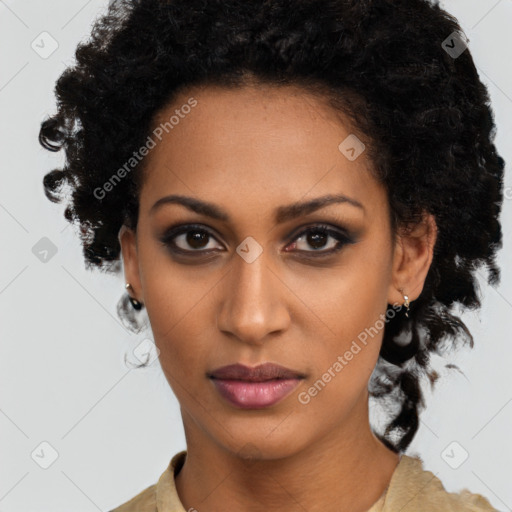 Neutral black young-adult female with long  brown hair and brown eyes