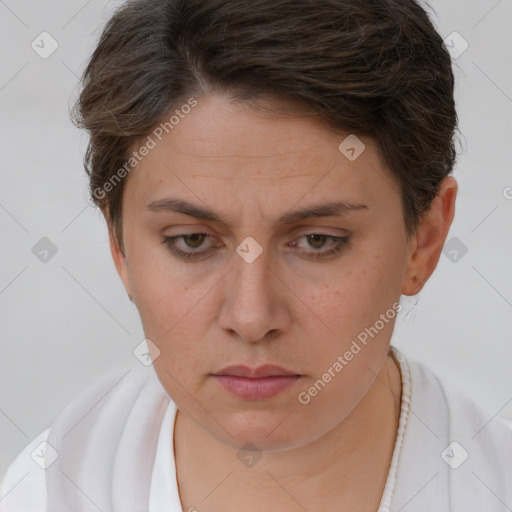 Neutral white young-adult female with short  brown hair and brown eyes