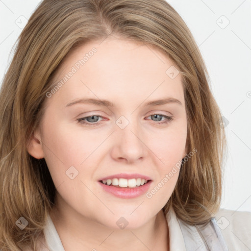 Joyful white young-adult female with medium  brown hair and blue eyes