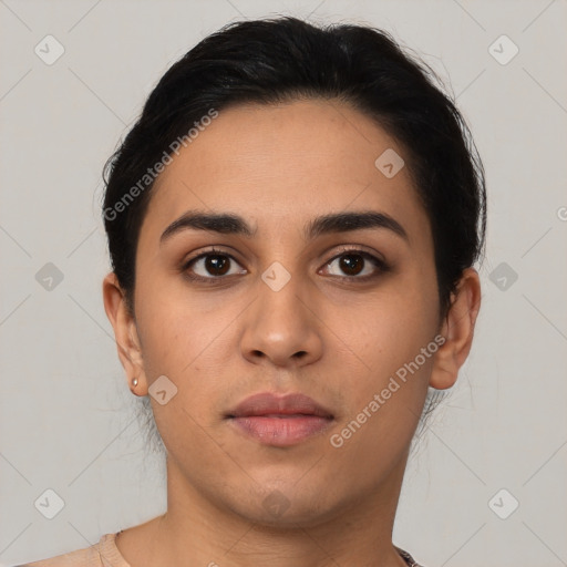 Neutral latino young-adult female with short  black hair and brown eyes