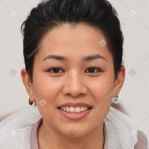 Joyful asian young-adult female with short  brown hair and brown eyes