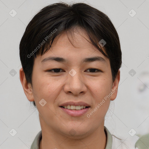 Joyful asian young-adult female with short  brown hair and brown eyes