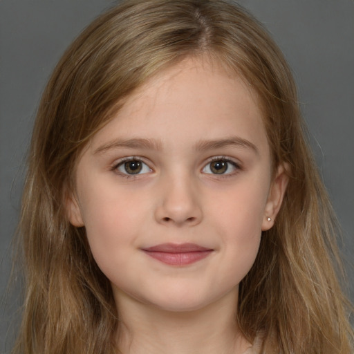 Joyful white child female with long  brown hair and grey eyes