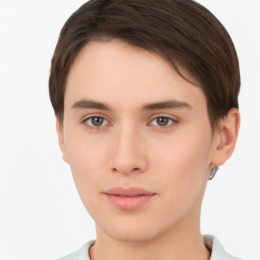 Neutral white young-adult female with short  brown hair and brown eyes