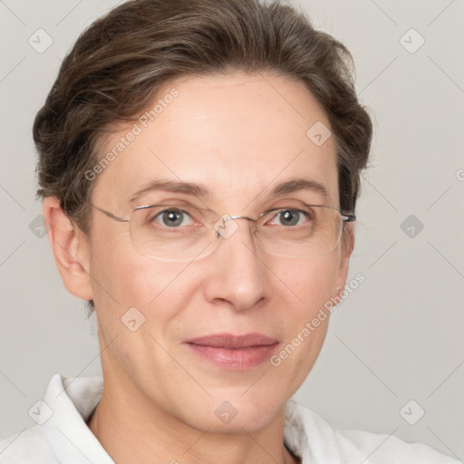 Joyful white adult female with short  brown hair and grey eyes