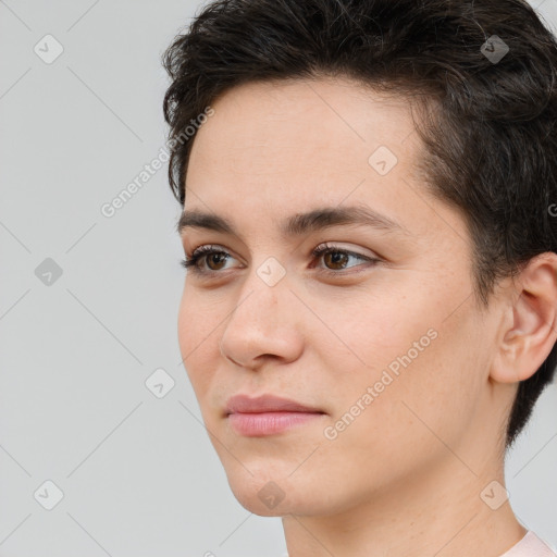 Neutral white young-adult female with short  brown hair and brown eyes