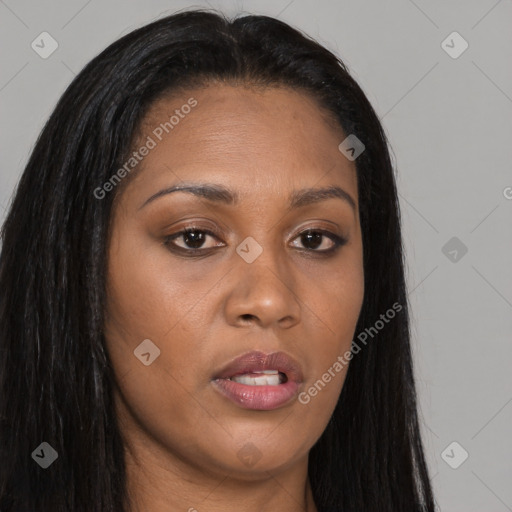 Joyful asian young-adult female with long  brown hair and brown eyes