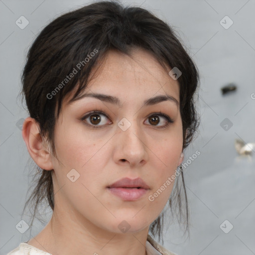 Neutral white young-adult female with medium  brown hair and brown eyes