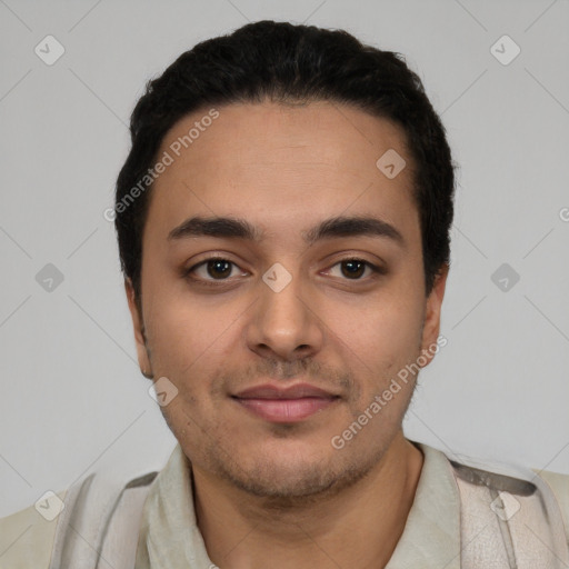 Neutral latino young-adult male with short  black hair and brown eyes