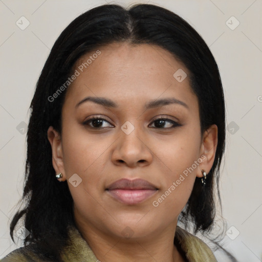 Joyful asian young-adult female with long  brown hair and brown eyes