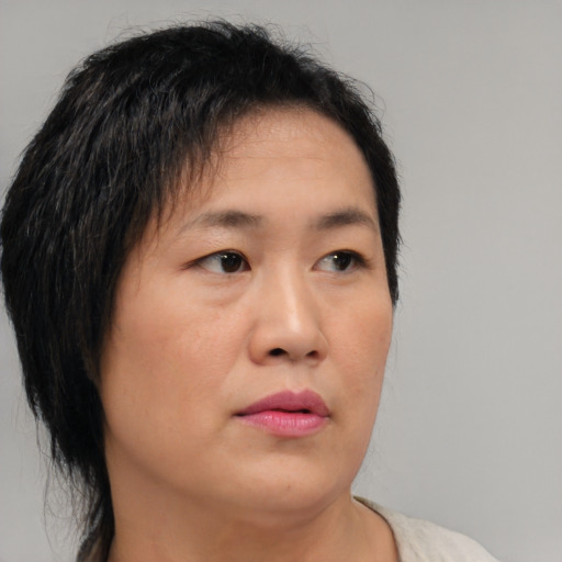 Neutral asian young-adult female with short  brown hair and brown eyes