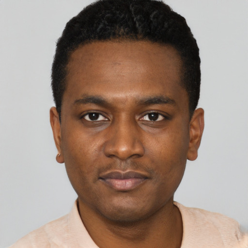 Neutral black young-adult male with short  black hair and brown eyes