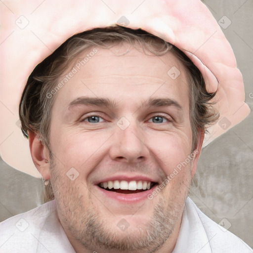 Joyful white adult male with short  brown hair and grey eyes